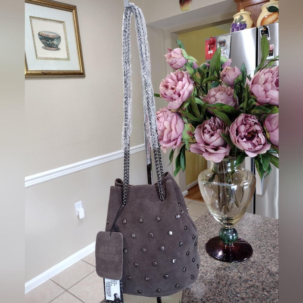 NWT StreeLevel Purse Nordstrom Brown Leather Studded Mini Bucket Bag Metal Chain